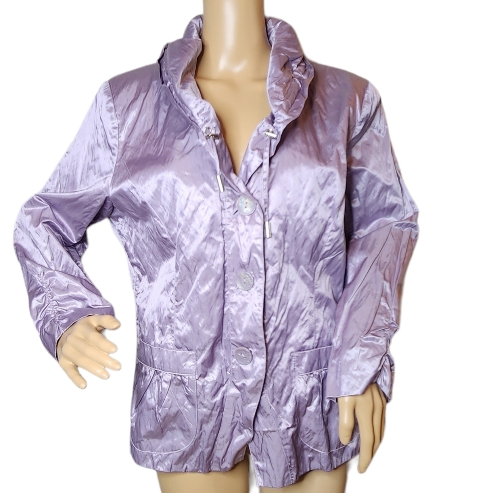 Chico's sophisticated shine purple button front jacket Large (2) cinch collar